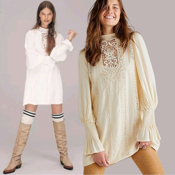 Free People Ethereal Edwardian Romantic Dainty Lace Mini Dress Ivory Medium NWT - Picture 1 of 15